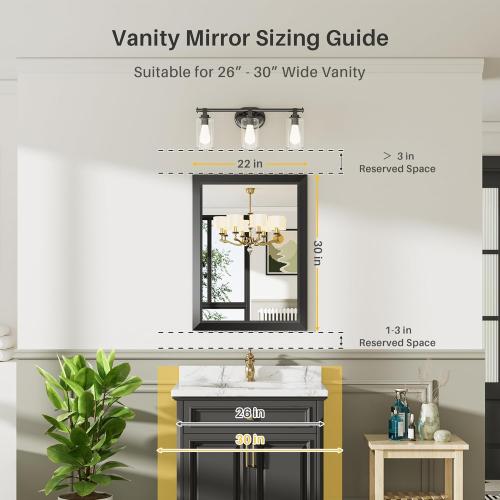 Size 22x30 Inch Color Black Bathroom Mirror for Wall, Thick Metal Framed Rectangle Mirrors for Over Sink, Bedroom, Living Room, Entryway, Anti-Rust, HD Tempered Glass