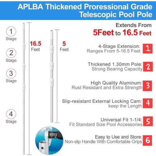 ARLBA Professional 16.5 Foot Swimming Pool Pole Telescopic，Heavy Duty Aluminum Extension Pole Thicken 1.30mm,Telescoping Pole Adjustable 6.5-16.5ft, Pool Cleaning Pole for Vacuum,Brush,Skimmer Net