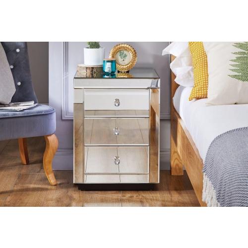 Furniturebox Italian Mirrored Nightstand - 3 Drawers Stunning Finish Bright Modern Bedside Table (the glass on the top is broken,  see the pictures)