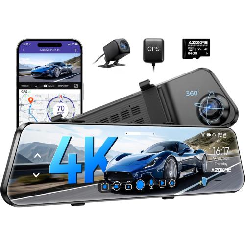 AZDOME PG17 12 4K Mirror Dash Cam Front and Rear, Wi-Fi 6 Rear View Mirror Camera with 64GB Card, Voice Control Dash Camera for Car, Rearview Mirror Camera with GPS Night Vision Parking Assistance