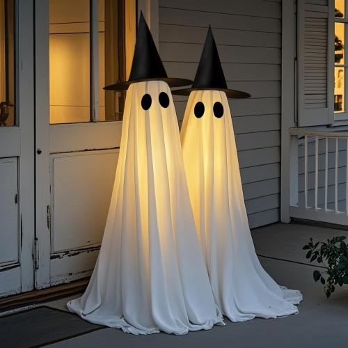 Set of 2 Halloween Decorations Outdoor, 5 FT USB Powered Ghost Decor Kit with Remote Controlled String Lights, Easy Assemble Ghosts Halloween Decorations for Front Door Porch Yard