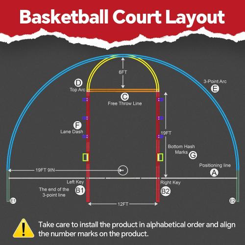 Reusable Basketball Court Marking Kit Foldable Design Basketball Court Stencil Kit for Concrete, Asphalt, Tiles, Driveway or Backyard - No Paint Included