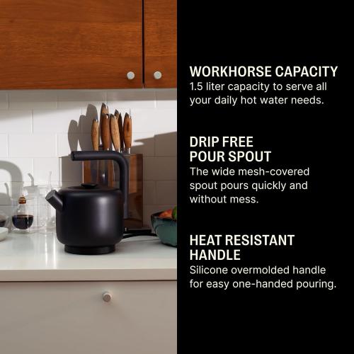 BLACK Fellow Electric Clyde Kettle - 1.5 Liter Capacity - Modern Twist On Stovetop Design, All-Purpose, Stainless Steel - Warm Water for Ramen, Oatmeal, Tea, Coffee & more - Large Capacity