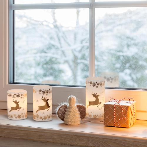 Golden Reindeer Christmas Candles with 6H Timer, Real Wax LED Candles Flameless Flickering, Battery Operated Candle Pillar for Home Décor Christmas Decorations Gifts, 3x4/5/6 inches