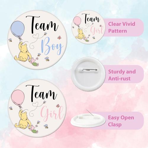 50 Pcs Classic Pooh Gender Reveal Buttons - 25 Team Boy & 25 Team Girl Pins, 1.7 Blue Pink Badges for Winnie Baby Shower Party Favor Game