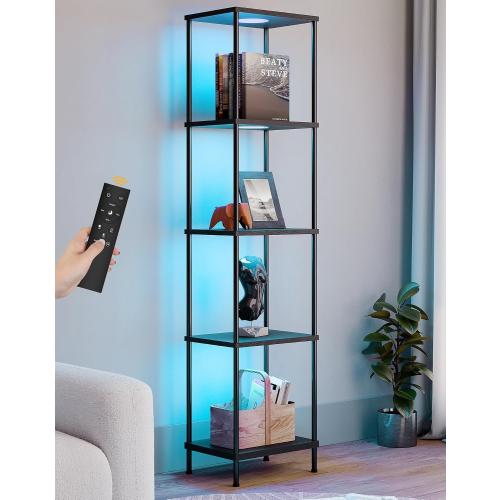 Display Shelf with RGBW Light, Color Changing Curio Cabinet Floor Lamp with Shelves Corner Standing Column Lamp Etagere Organizer Tower Nightstand Bookcase for Living Room Bedroom Office Décor Black