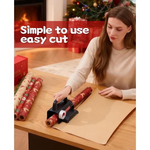 2-Pack Wrapping Paper Cutter with Wheels & Tape Dispenser - Gift Wrap Tool Kit with Replaceable Blades for Christmas, Birthday - Safe, Efficient, and Precise Cutting
