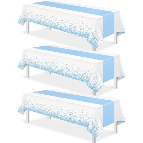 MASHAN 3Pcs White and Light Blue Tablecloth Party Decorations,Plastic White Table Cloth Printed Baby Blue Table Runner Disposable Rectangle Cover for Birthday Baby Shower Wedding Party,54 x108 Inch