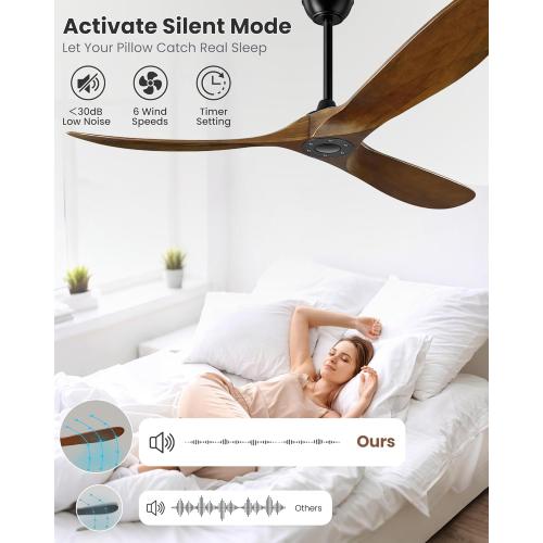 52 Inch Ceiling Fan no Light, Outdoor Ceiling Fans Without Lights for Patios, 3 Blade Solid Wooden Propeller Modern Ceiling Fan with Remote Control for Farmhouse Living Room Bedroom Dark Walnut