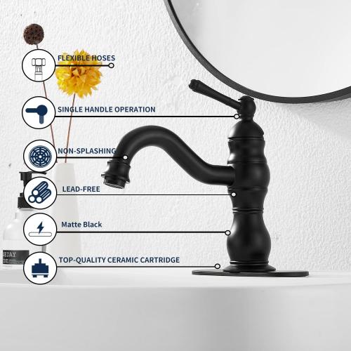 Matte Black Bathroom Faucet GGStudy 360° Swivel Bathroom Vanity Faucet Single Handle One Hole Black Bathroom Sink Faucet Basin Matching Pop Up Drain with Overflow