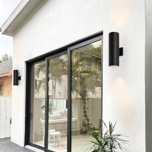 mirrea 18 Modern Outdoor Porch Light in 2 Lights, Matte Black, 2 Pack | Aluminum cylinder exterior fixtures, tempered glass cover, waterproof wall sconce & patio light for outdoor use.