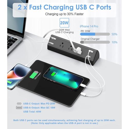 Jgstkcity Desk Clamp Power Strip,40W Total Fast Charging Station,2 PD 20W USB C Ports,Desk Edge Mount Surge Protector for Home, Office,3 Outlets,Fit 1.96 Tabletop Edge,ETL Listed