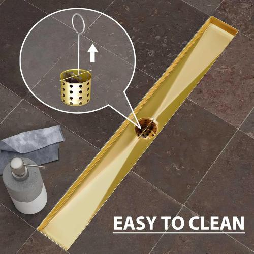 SaniteModar Linear Shower Drain, Gold Shower Drain 28 inch with Removable Grate,Brushed 304 Stainless Steel Linear Drain with Hair Strainer & Leveling Feet