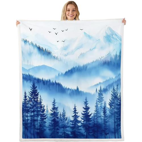 Blue Pine Tree Bed Blanket Kids Girls Misty Style Sherpa Blanket Soft Cozy Lightweight Natural Landscape Plush Fleece Foggy Mountain Blanket Gifts for Bed Chair Office Sofa(Throw 50x60)