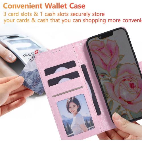 UEEBAI Wallet Case for iPhone 16 Plus, PU Leather Phone Cover Kickstand RFID Blocking Flip Case Card Slots Wrist Strap Relief Engraved Pattern Magnetic Closure Flower Folio Wallet, White Rose