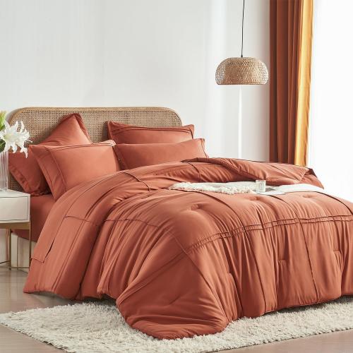 Color Black ...Yogeneg Twin Comforter Set 5 Piece Bed in a Bag,Grid Pinch Pleat Terracotta Bedding Set,Striped Textured Soft Microfiber Comforter with Sheet Set,All Season Complete Bed Set