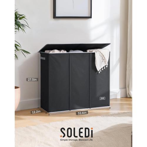SOLEDI 180L Laundry Hamper 3 Section, Extra Large Laundry Hamper with Lid, Dirty Clothes Hamper with Sturdy Handle, Large Laundry Basket Organizer for Laundry Room, Bedroom, Hampers for Laundry