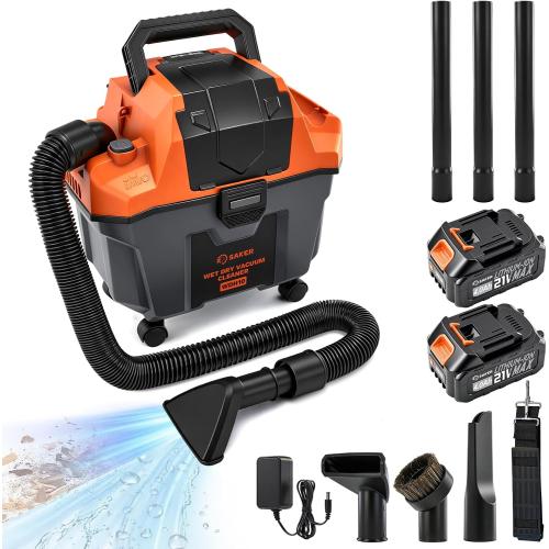 Saker Cordless Wet and Dry Shop Vacuum 17kPa 2.6 Gallon Portable Shop Vacuum Cleaner with Storage Rack, 2×4.0Ah Batteries, Strap, HEPA Filter, 3-in-1 Small Shop Vac for Car, Garage, Workshop