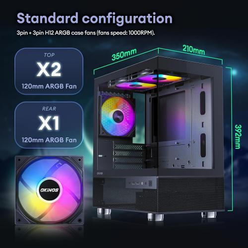 Okinos Aqua 3, Micro ATX Case, MATX PC Case with 3 X 120mm 3-Pin ARGB Fan Pre-Installed, Panoramic View Tempered Glass Front & Side Panel, with Type C Port, White
