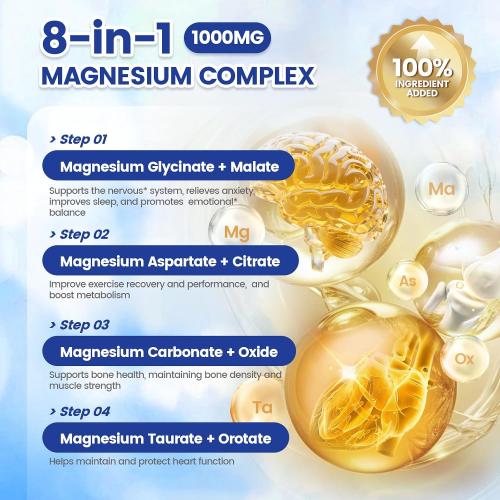 1000mg Magnesium Complex for Women and Men, Magnesium Glycinate, Citrate, Malate, Taurate, Oxide, Carbonate, Aspartate, Orotate, 8-in-1 Magnesium Supplement - Non GMO 240 Capsules