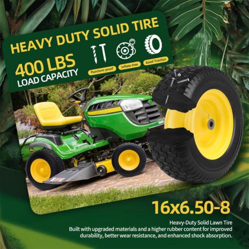 16x6.50-8 tire and wheel Flat Free Assemblies (2 Pack), Lawn Mower Tires with Rim, Solid Rubber Riding Lawn Mower Tires and Wheels,3 Offset Hub,3/4 Bushings,16x6.5-8 Tractor Turf Tire