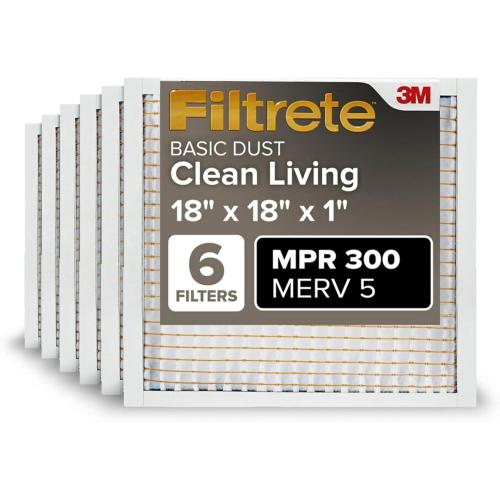 Filtrete 18x18x1 Air Filter MERV 5, 6-Pack AC Furnace Filters for Home HVAC, MPR 300 Basic Dust Defense, Removes Lint & Household Dust, 3-Month Pleated Electrostatic (Actual Size 17.81x17.81x0.81 in)