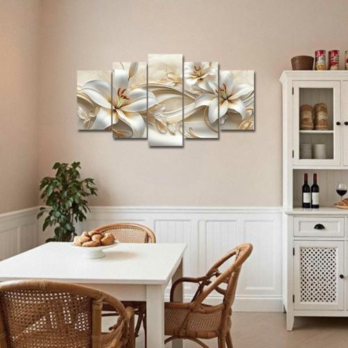 LZIMU 5Pcs Large White Gold Flower Wall Art Abstract Lily Floral Picture Elegant Blooming Canvas Print Modern Beige Painting Living Room Bedroom Decor (Gold, (8x14inx2 8x18inx2 8x22inx1))