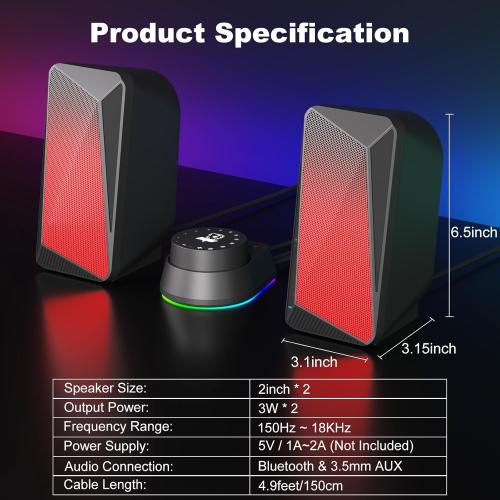 SOULION C30 Computer Speakers, USB Powered & 3.5 mm AUX Bluetooth Speakers for Desktop Monitor, LED Flame Lights & Easy-Control Pod, Gaming Speakers for Laptop Tablet Phone - Black