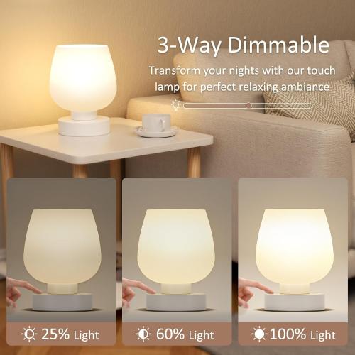 Seealle Touch Table Lamp for Nightstand - Small Bedside Lamp for Bedroom Living Room Night Stands, Desk Lamp with White Glass Shade for Small Spaces, 3 Way Dimmable, LED Bulbs, Gifts