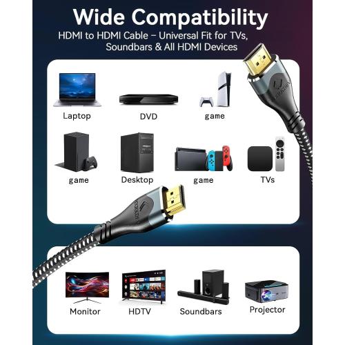 8K HDMI Cable 6.6 ft, Ultra High Speed HDMI 2.1 Cord Braided (48Gbps), 8K@60Hz, 4K@120Hz, HDCP 2.2&2.3, 24K Gold Plated Connectors Compatible with HD TV Monitor Laptop Xbox PS4/PS5 ect