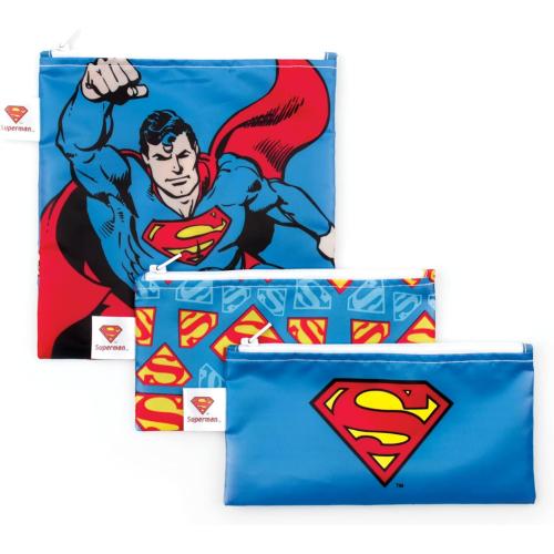 Bumkins Reusable Sandwich and Snack Bags, for Kids School Lunch and for Adults Portion, Washable Fabric, Waterproof Cloth Zip Bag, Travel Pouch, Food-Safe Storage, 3-pk DC Comics Superman