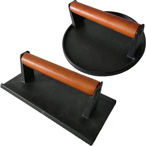 Firsgrill Burger Press 7.08 Round & 8.3”X4.3”Rectangle Heavy-Duty Cast Iron Smash Meat Steak with Wood Handle for Blackstone Camp Chef Pitboss Weber Treager Griddle (Round & Rectangle w Flat Bottom)