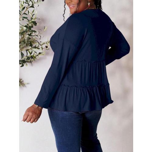 SIZE XLWomen's Casual Blouse Ruffle Layered Half Button Blouse Top Charcoal Lightweight Knit Fabric Long Sleeve Button-Front