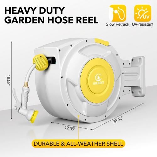 130 ft x 1/2 Retractable Garden Hose Reel, Heavy Duty Water Hose Reel Wall Mounted, Any Length Lock, 180°Swivel, Water Hose with 8-Function Nozzle for Cleaning, Watering (Yellow)