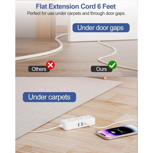 Flat Extension Cord 6 Feet - 4 AC Outlets 3 USB Ports (5V/3.4A 17W), Flat Plug Power Strip Compact for College Dorm, Travel, Cruise, Home, Office