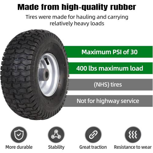 AR-PRO (2-Pack) 15 x 6.00-6 Front Tire and Wheel Assembly for Riding Mower Lawn Tractor, 3 Centered Hub, 3/4 Sintered Iron Bushings, 4Ply Pneumatic with Turf Tread