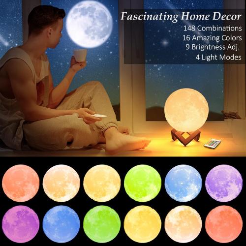 Mydethun 16 Colors 3D Moon Lamp with 148 Combination Modes, Moon Light Gift for Christmas, LED Night Light Lamp for Kids, Girls, Bedroom, Home Decor with Remote Control, 7.1 inches, w/Wood Stand