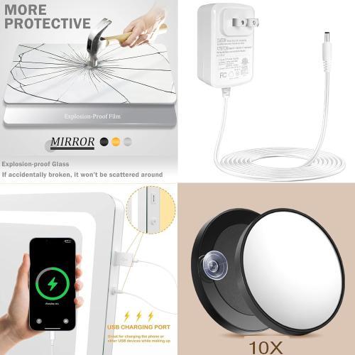 Makeup Vanity Mirror with USB Charging Port 24 x 19 Large LED Makeup Mirror, Desk Mirorr with Lights, Light up Mirror with 10X Magnification and, Dimmable 3 Modes, Touch Control White