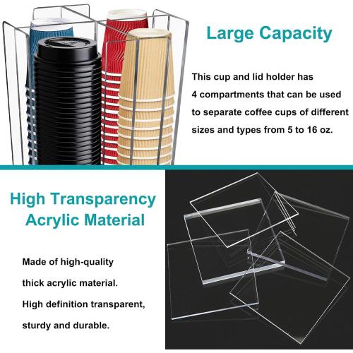 Tirifer Cup and Lid Holder, Coffee Cup Dispenser, Acrylic Cup Storage Organizer, Disposable Paper Cup Storage Holder with 4 Compartments for Countertop Coffee Station Bar Restaurant, Clear