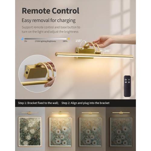 KDG LED Cordless Wall Picture Light with Remote, 7000mAh Rechargeable Dimmable Art Lighting, Adjustable Swing Arm, Picture Frame Light for Gallery, Living Room, Hallway, 24 inch, Bronze
