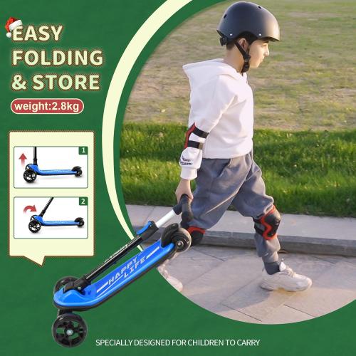 Blue and Black Besrey Kick Scooter for Kids Ages 3-10, 3-Wheel Folding Scooter with Adjustable Height, LED Light Wheels, Extra Wide Deck for Outdoor Activities