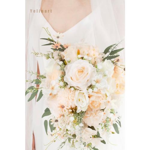 11 Inch Champagne Wedding Bouquets for Bride White Artificial Roses Flower Cascading Bridal Bouquet for Rustic Boho Fall Vintage Wedding Ceremony Party and Anniversary