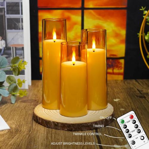 Flickering Flameless Candles Battery Operated with Remote and 2/4/6/8 H Timer Acrylic Led Pillar Candles Pack of 9 (appr D2.3xH5.56.57.5)with Realistic 3D Wick Candles for Home Decor(Gold)