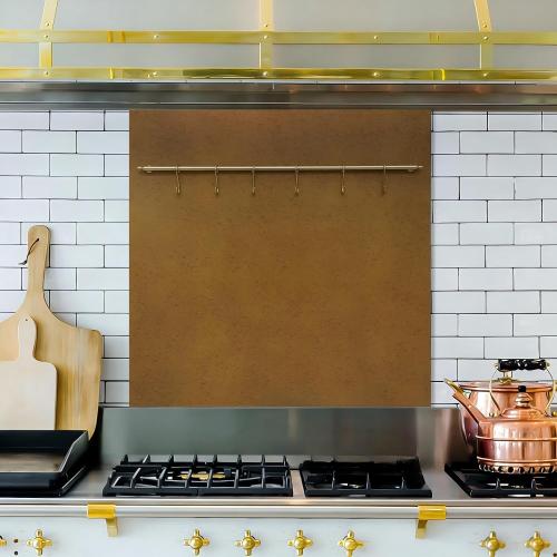 Fietrexa 29.5“x29.5” Aged Brass Finish 304 Stainless Steel Rang Hood Backsplash with Solid Brass Rail & S Hooks,Stove Backsplash,Vintage Style,Kitchen Wall Splash Guard.
