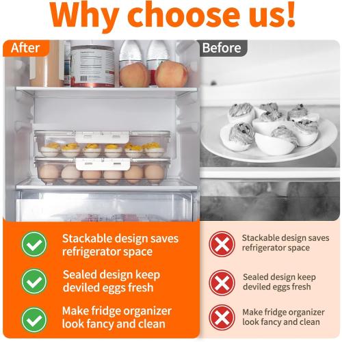 2 Pack Deviled Egg Containers with Lid and Handle, Durable Clear Plastic Deviled Egg Carrier Storage 48 Eggs, Stackable Egg Holder for Fridge, Portable Tray Platter for Party & Picnics-White