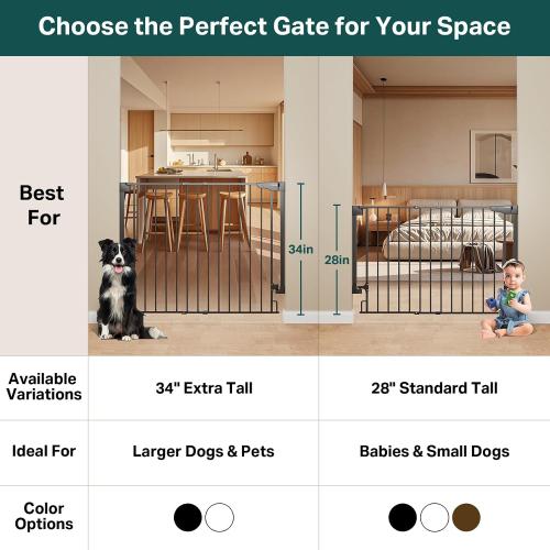 Cumbor 34 Extra Tall No Bottom Bar Baby Gate for Stairs, Wall Mounted Dog Gate Indoor for Larger Pets, Expandable 29.2-43 Safety Gate for Doorways, Wide Walk Thru Door for Easy Access (Black)