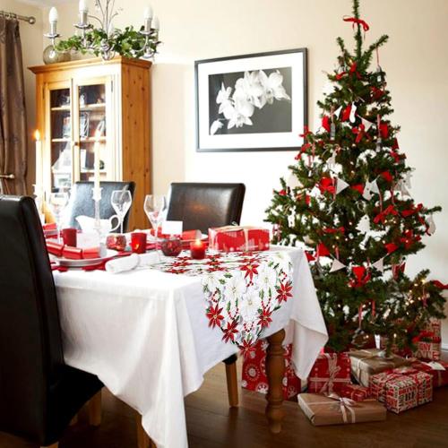 OurWarm Christmas Embroidered Table Runners Poinsettia Holly Leaf Table Linens for Christmas Decorations 15 x 70 Inch