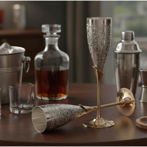 StonKraft Engraved Brass Goblet Champagne Glasses Flutes Coupes Wine Glass Set (Slender) - Silver Polished