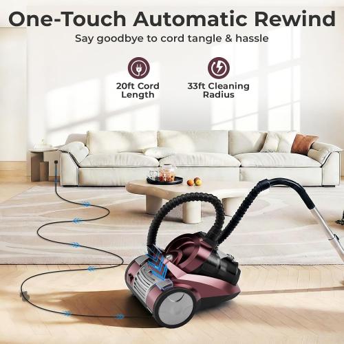 Canister Vacuum Cleaner, 45Kpa 1600W Bagless Canister Vacuum, 4Qt Large Dust Cup, Variable Speed Control, 5 Tools, Lightweight Canister Vacuum for Home, Pet, Carpet, Hard Floor, Red
