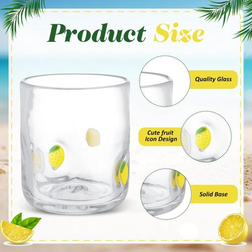 SiliFine 4 Pack Fruit Icon Juice Glasses Set - 14 oz Lemon, Strawberry, Cherry, Orange Stemless Glass Cup for Coffee Wine Cocktail Drinking - Summer Birthday Holiday Party Supplies & Ideal Gift